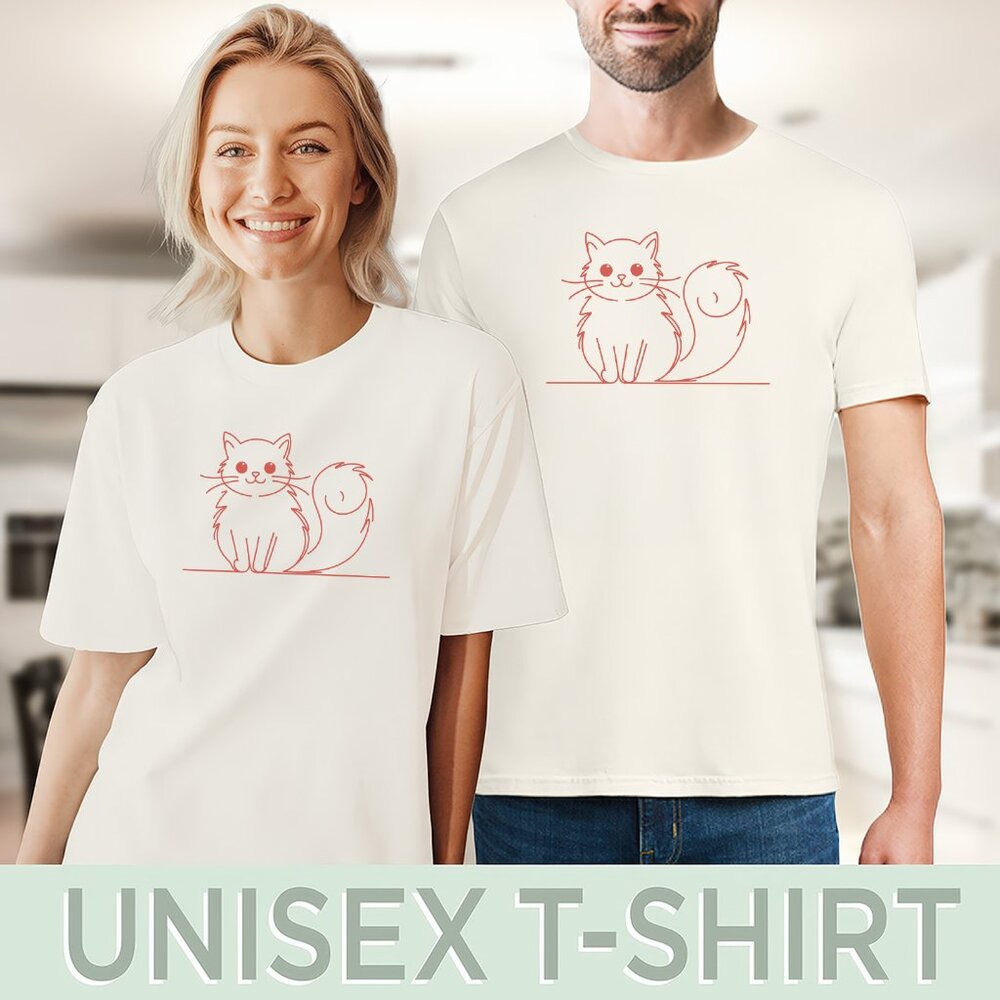 Minimalist Red Outline Cat Graphic T-Shirt Cute Kitten Tee - Picture 5 of 6